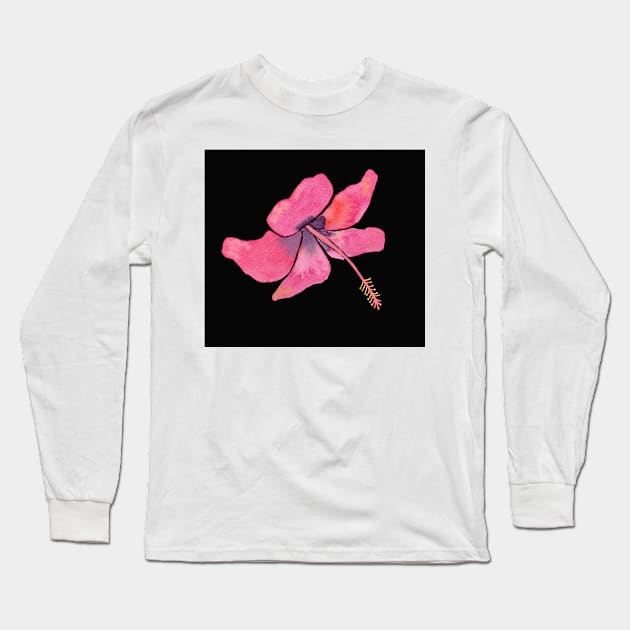 Pink Tropical Hibiscus Watercolor Illustration with a black background Long Sleeve T-Shirt by Sandraartist